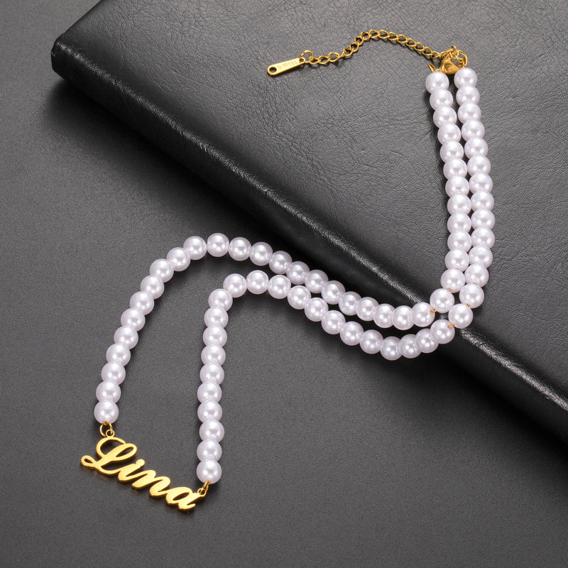 Colar Pérolas Com Nome - Personalizável - Aço Inoxidável (Não desbota e não perde a cor)